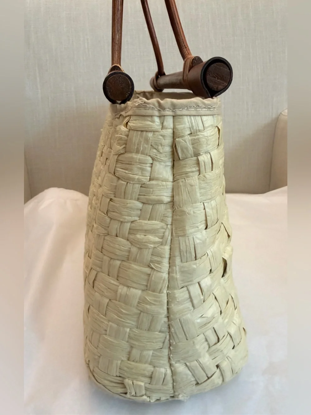 Jessica McClintock Vintage Woven Straw Bamboo Handle Handbag Coastal Summer Bag